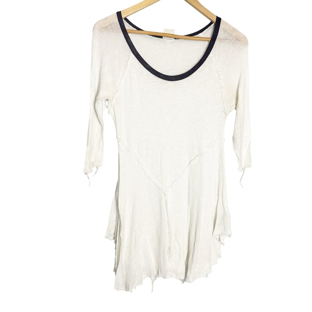 Free People Intimately White Black Ringer 3/4 Sleeve Raw Seam Slub Top Size S